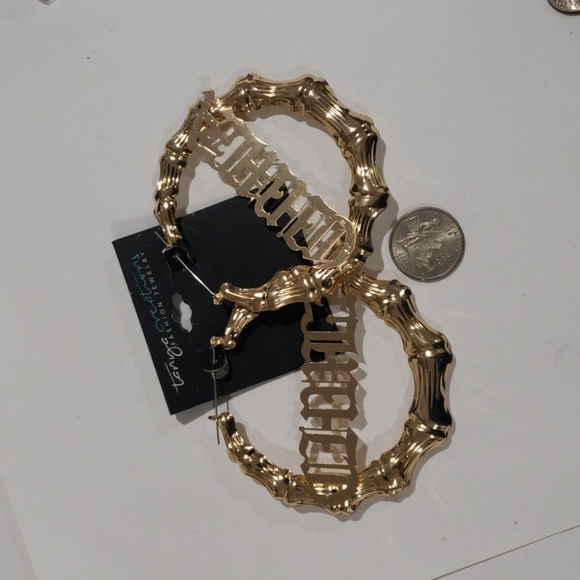 Gold-Tone Bamboo Style 3" Hoop Earrings, Hip Hop Style, Large Statement Jewelry - Picture 3 of 6